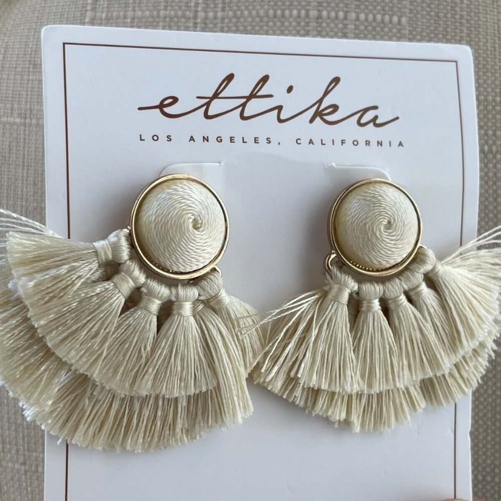 Ettika Earrings Gold Plated Cone Tan ToneTassel Statement Post Ear Jewelry